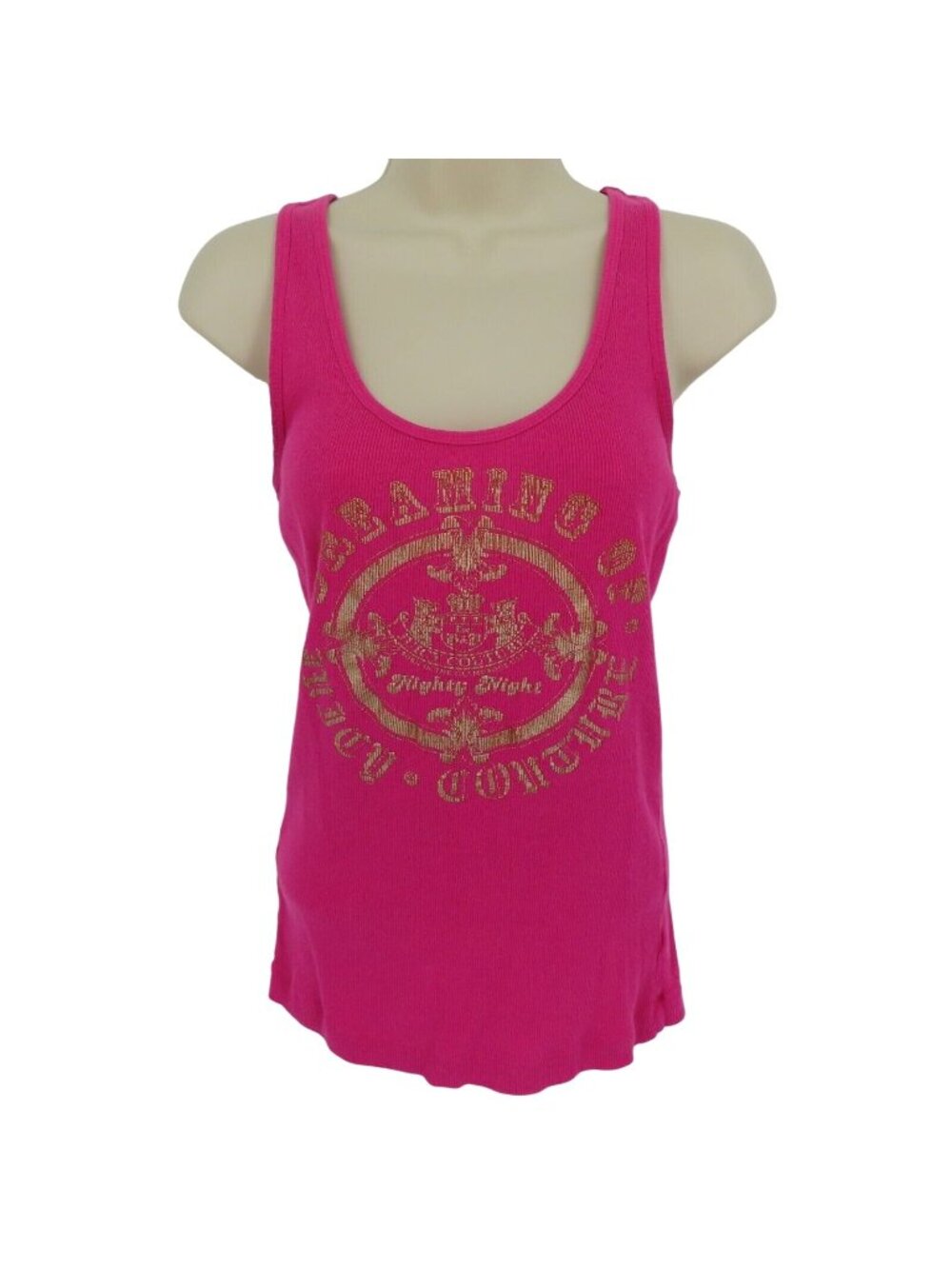Juicy Couture Womens Medium Pink Ribbed Metallic Gold Crest Scoop Neck Tank Top